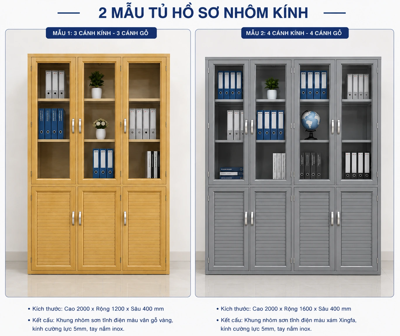 Hai cách chia khoang tủ màu vàng và xám Ảnh so sánh tủ màu vàng ba cánh kính và tủ màu xám bốn cánh kính