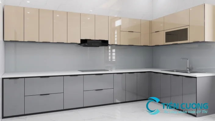 Mẫu tủ bếp nhôm kính đẹp: gợi ý kiểu dáng, màu sắc và vật liệu - hình ảnh thực tế Tủ bếp nhôm kính chữ L