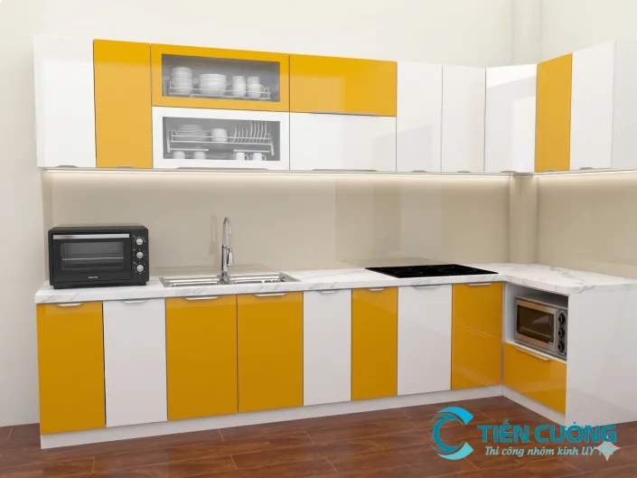 Tủ bếp nhôm kính theo kích thước bếp Tủ bếp nhôm kính thi công theo kích thước thực tế