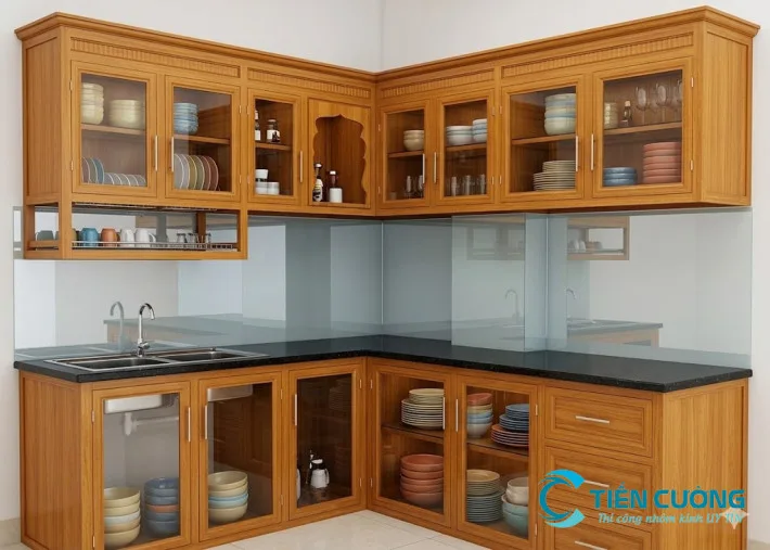 Tủ bếp nhôm kính giả gỗ hiện đại Tủ bếp nhôm kính giả gỗ hiện đại cho căn hộ