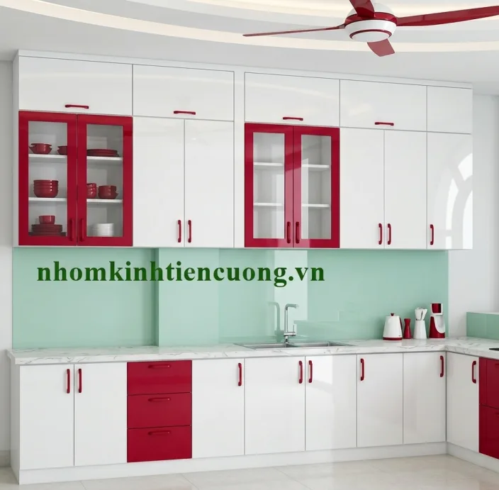 Tủ bếp nhôm kính màu trắng Tủ bếp nhôm kính màu trắng cho không gian sáng