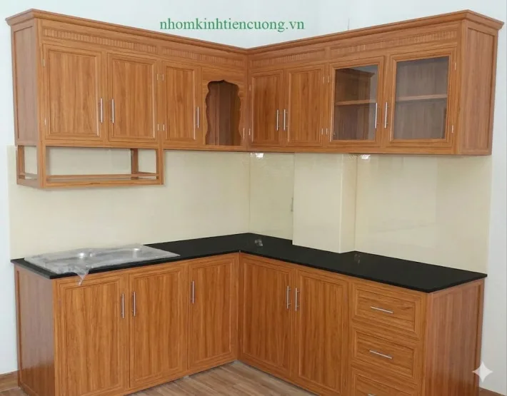 Tủ bếp nhôm kính vân gỗ TP.HCM Tủ bếp nhôm kính vân gỗ thi công tại TP.HCM