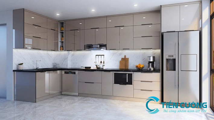 Tủ bếp nhôm kính xám khói đẹp