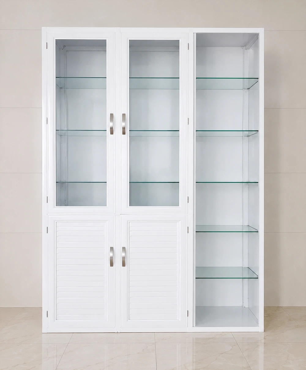 Chi tiết đợt kính bên trong tủ trắng Tủ trắng chưa xếp đồ, có các đợt kính và dãy kệ mở bên phải