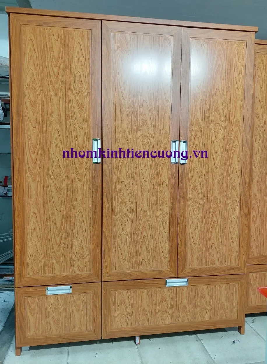 Tủ quần áo nhôm kính vân gỗ chia khoang Tủ nhôm kính vân gỗ chia khoang gọn