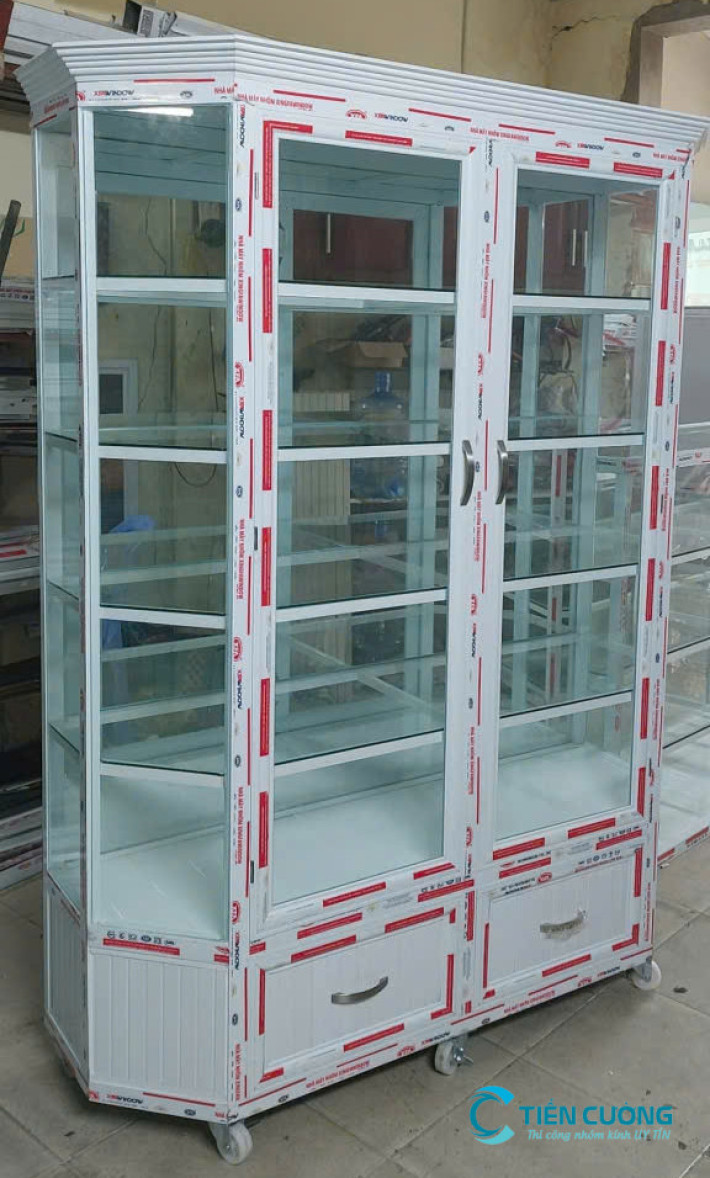 Tủ chén bát nhôm kính màu trắng hiện đại