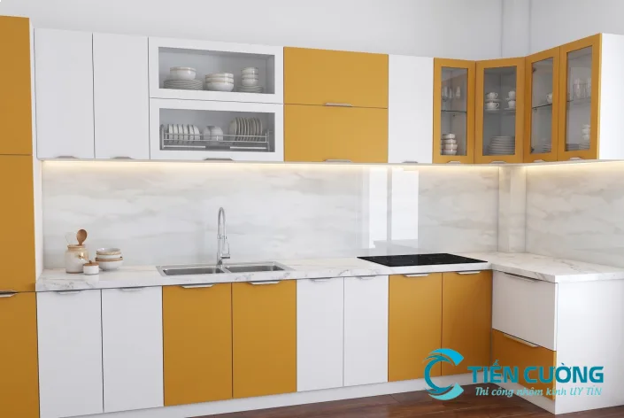 Mẫu tủ bếp chữ L nhôm kính đẹp: phối màu, kiểu cánh và bố cục - hình ảnh thực tế Tủ bếp chữ L nhôm kính cho căn hộ chung cư