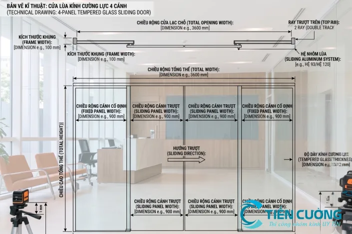 Cửa kính hai cánh cần chia tỷ lệ đều và dễ đi lại Kích thước cửa kính cường lực hai cánh cho showroom