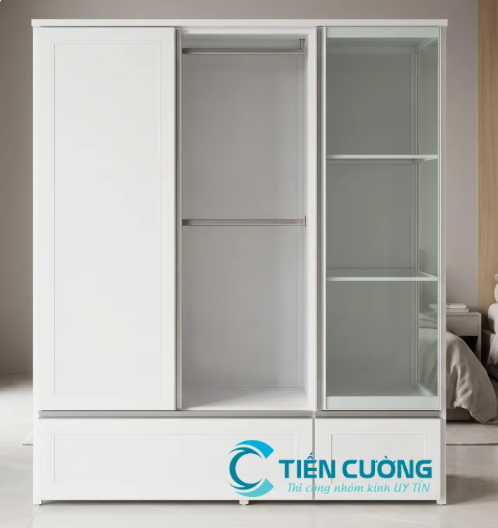 Báo Giá Tủ Quần Áo Nhôm Kính Đẹp, Hiện Đại, Thi Công Theo Yêu Cầu - hình ảnh thực tế Bên trong tủ quần áo nhôm kính thiết kế nhiều ngăn tiện lợi