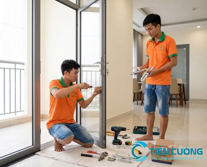 Sửa Cửa Nhôm Kính TP.HCM – Xử Lý Xệ Cánh, Kẹt Ray, Hư Khóa Nhanh - hình ảnh thực tế Khắc phục cửa lùa nhôm kính bị kẹt ray